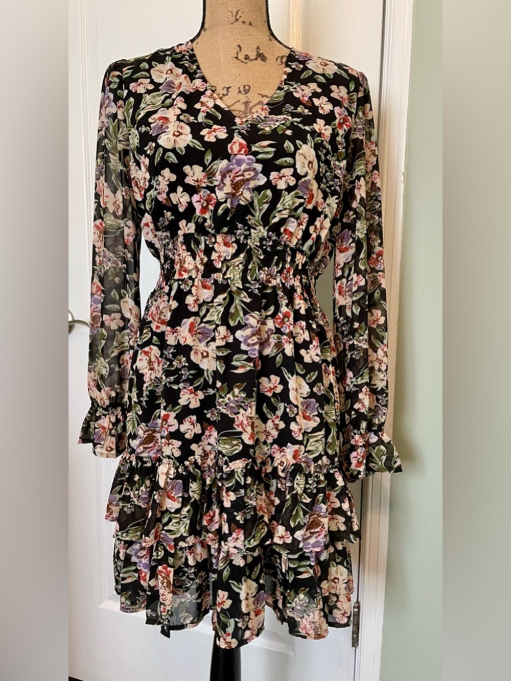Black Floral Long-Sleeve Tiered Midi Dress